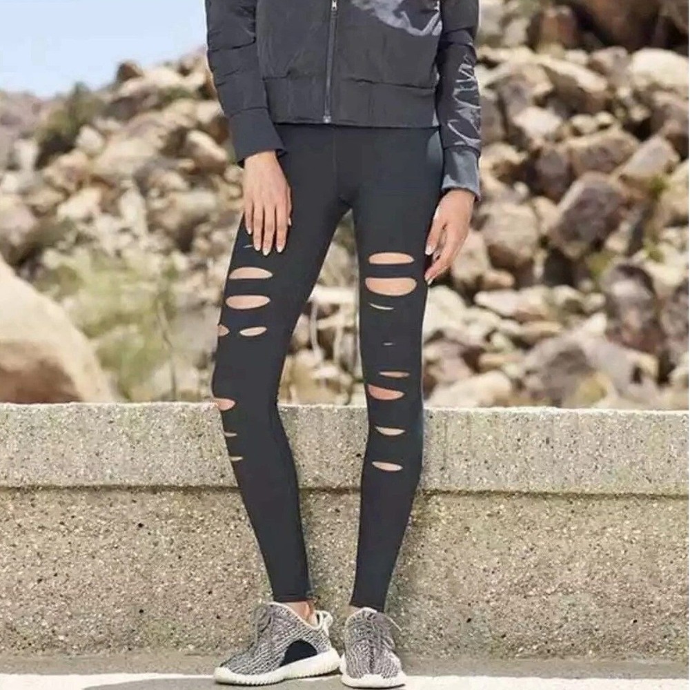 Alo Yoga Womens S Black Ripped‎ Warrior High Waisted Laser Cut Leggings 4505